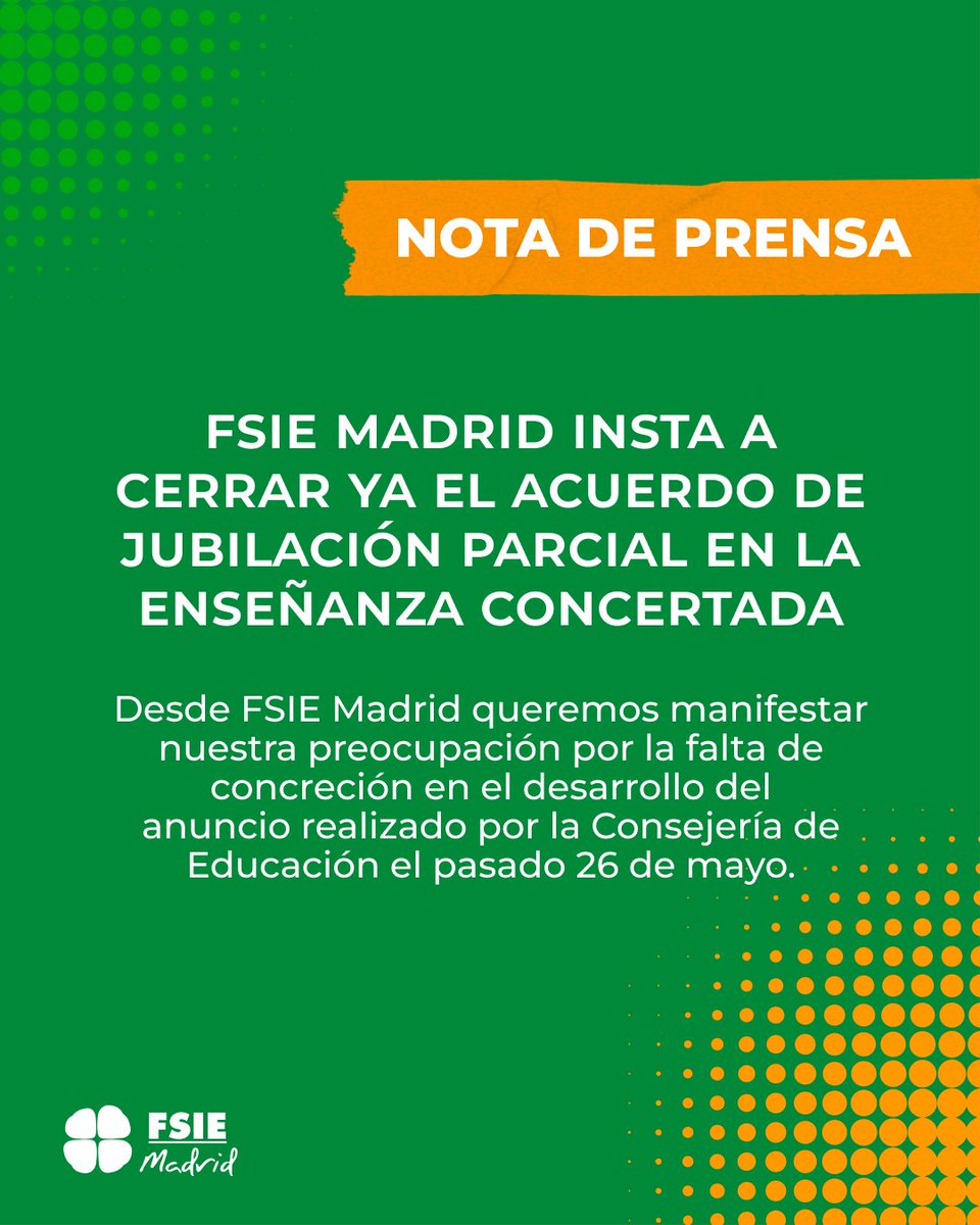 FSIE MADRID 🍀 (@fsiemadrid) on Twitter photo 𝗡𝗢𝗧𝗔 𝗗𝗘 𝗣𝗥𝗘𝗡𝗦𝗔 🟢 Desde #FSIEMadrid exigimos a la <a href="/educacmadrid/">Educación▪️Comunidad de Madrid</a> <a href="/EVicianaDuro/">Emilio Viciana</a> y a las patronales cerrar cuanto antes el acuerdo sobre #jubilaciónparcial en la #enseñanza #concertada.
Nota de prensa completa ➡️ acortar.link/7m2unG
#ConcertadaPersonalOlvidado 𝗡𝗢𝗧𝗔 𝗗𝗘 𝗣𝗥𝗘𝗡𝗦𝗔 🟢 Desde #FSIEMadrid exigimos a la <a href="/educacmadrid/">Educación▪️Comunidad de Madrid</a> <a href="/EVicianaDuro/">Emilio Viciana</a> y a las patronales cerrar cuanto antes el acuerdo sobre #jubilaciónparcial en la #enseñanza #concertada.
Nota de prensa completa ➡️ acortar.link/7m2unG
#ConcertadaPersonalOlvidado