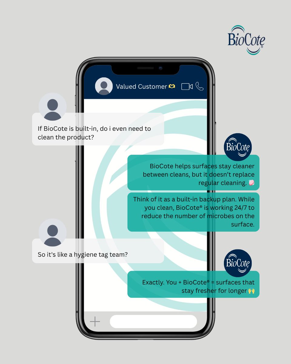 📲 BioCote® has entered the chat

#BioCote® takes cleaning further, built in to reduce microbes between cleans.

Unlike disinfectants, it never washes off, helping products stay cleaner &amp; last longer.

Learn more: eu1.hubs.ly/H0lQgvD0
#CleanBetweenCleans #EverydayHygiene #Chat
