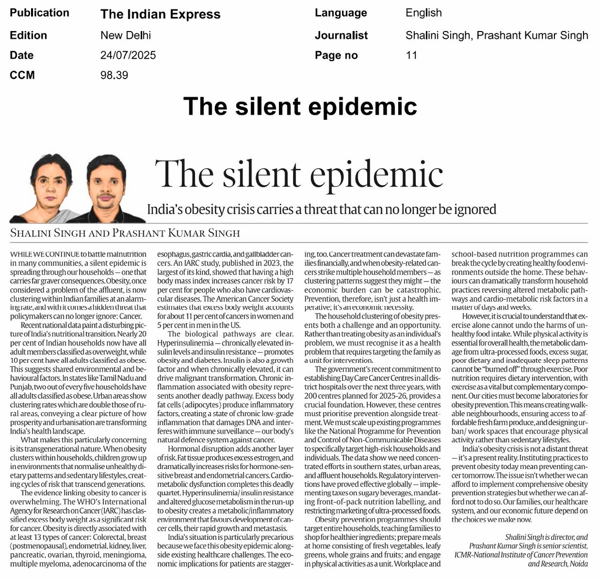 icmr_nicpr's tweet image. #Obesity is now a well-established risk factor for #Cancer & we can no longer afford to look away.
In @IndianExpress, our director @drshalini_icmr & scientist @prashantks_pks underscores the need for preventive policies to tackle this growing threat.
🔗👇🏻
indianexpress.com/article/opinio…