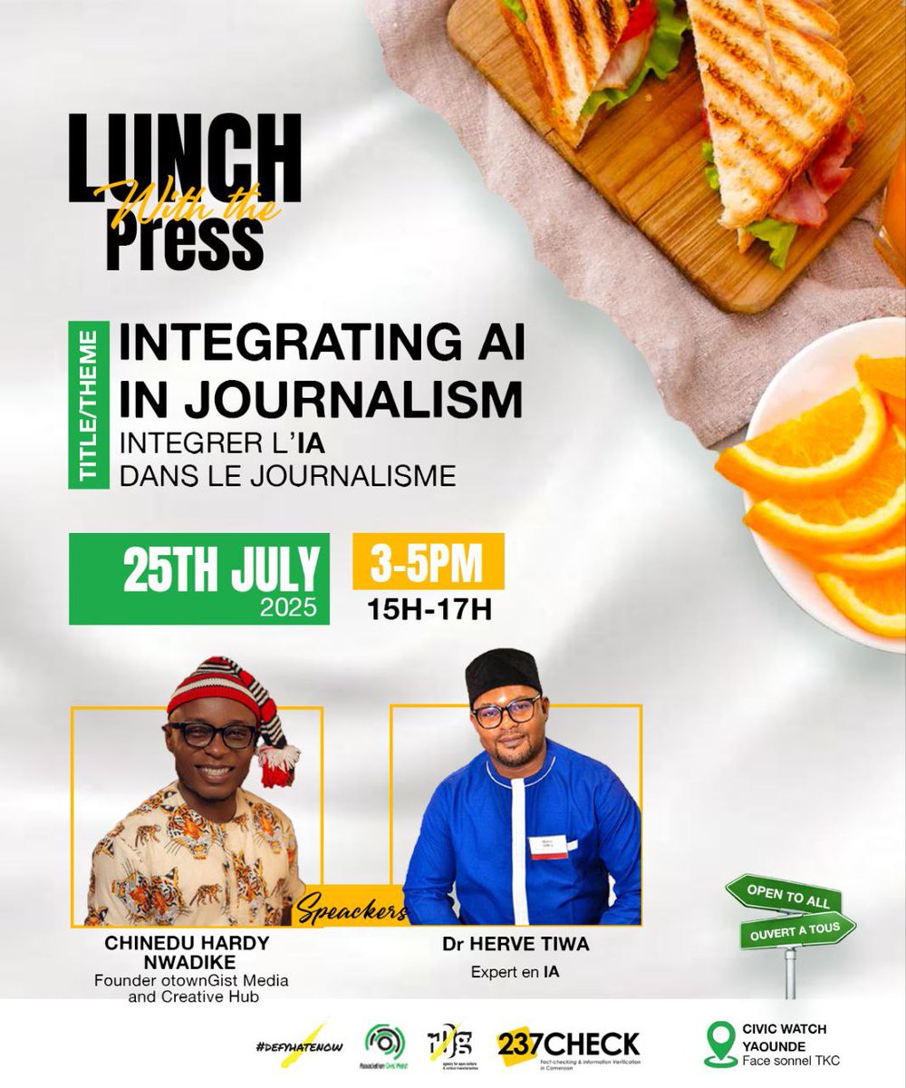 We’re hosting Mr. <a href="/hardynwa/">Chinedu Hardy Nwadike</a> &amp; Dr. <a href="/21Tiwa/">Hervé Tiwa</a> for a session on Integrating AI in Journalism.

Session will be at our Yaoundé office opposite Sonel TKC at 15H–17H, July 25

Journalists in Yaoundé, join us for this interesting session

#Media4Peace
#CivicWatch
#defyhatenow