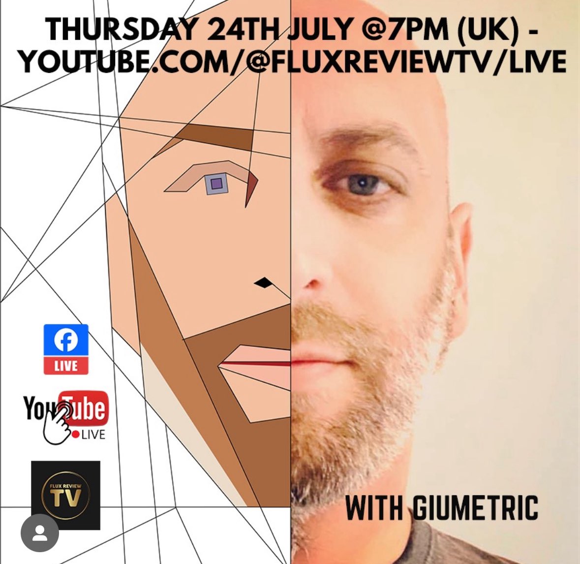 giumetric's tweet image. Se stasera vi va di sintonizzarvi sul canale YouTube di Flux Review Tv, alle 7pm UK time (8pm in Italia) ci sarà la mia intervista in diretta dove si parlerà della mostra e dei mie lavori. Wish me luck!
Qui sotto il link 👇
youtube.com/@fluxreviewtv