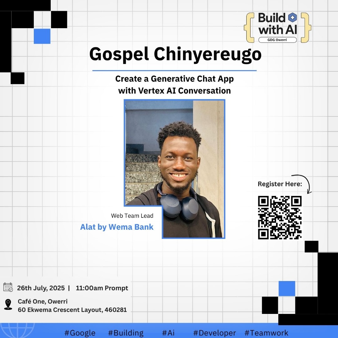 Meet <a href="/Codebug_/">Gospel</a>, Web Team Lead at Alat by Wema Bank 🔥

He will be showing us how to build a generative chat app using Vertex AI Conversation 🤖💬

🗓 July 26 | 🕚 11AM
📍 Café One, Owerri
🎟️ bit.ly/BuildwithAi-Ow…

Don't miss out!

#BuildWithAI #GDGOwerri
