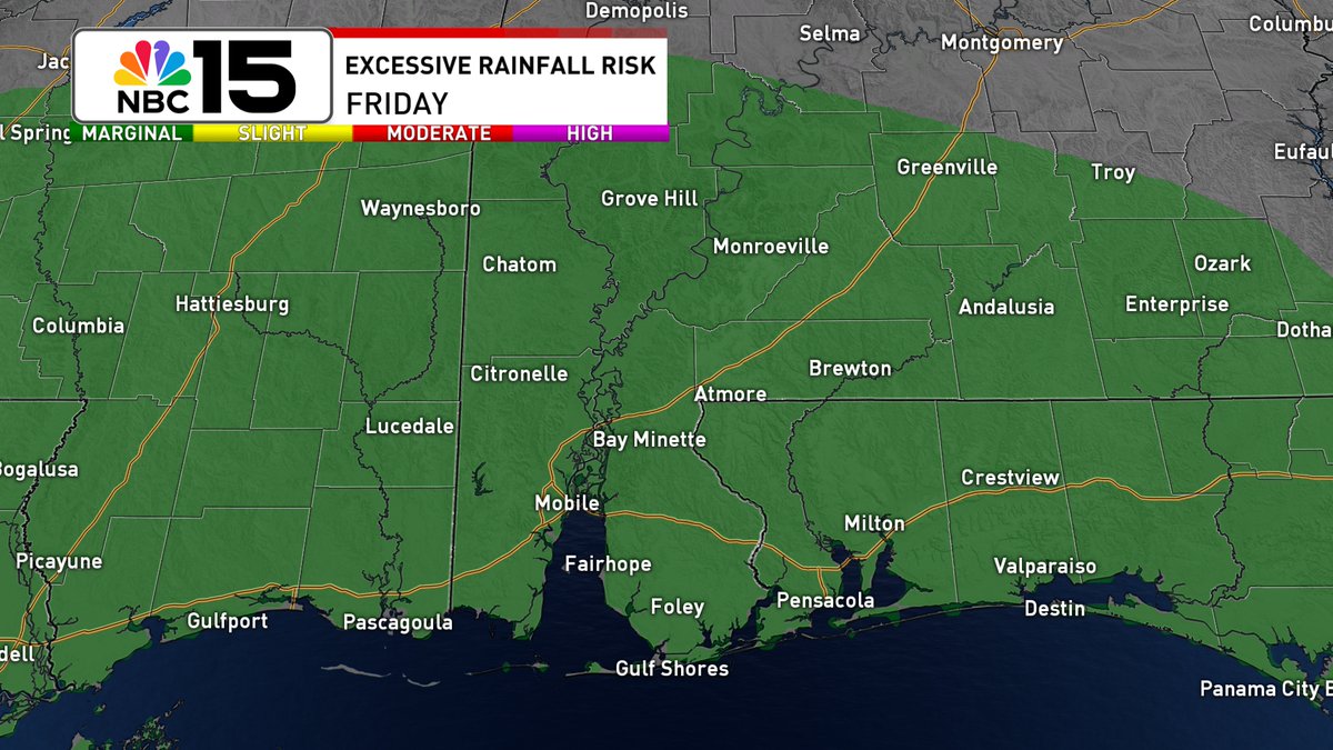 Kelly_WPMI's tweet image. Rain chances 🌧☂80% today & 70% Fri as deep moisture moves from east to west across the N Gulf. Not all day wash-outs, but multiple waves of showers/storms. Level 1 excessive rainfall risk that could lead to flash flooding both days @mynbc15 mynbc15.com/weather