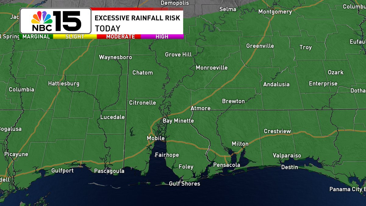 Kelly_WPMI's tweet image. Rain chances 🌧☂80% today & 70% Fri as deep moisture moves from east to west across the N Gulf. Not all day wash-outs, but multiple waves of showers/storms. Level 1 excessive rainfall risk that could lead to flash flooding both days @mynbc15 mynbc15.com/weather
