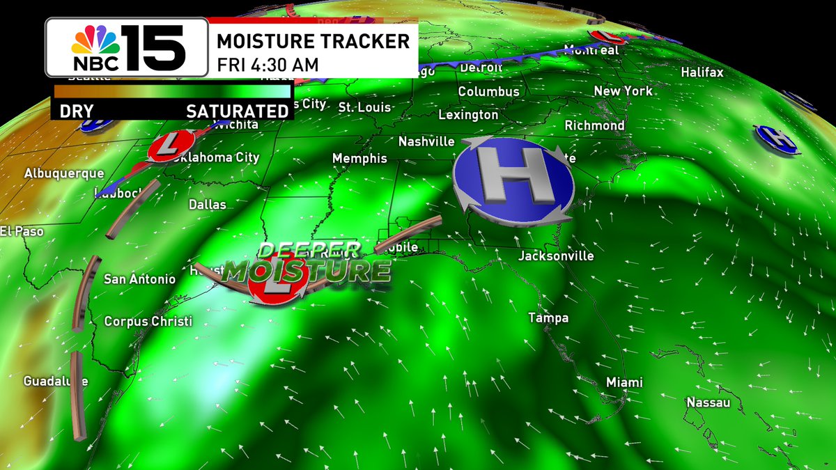 Kelly_WPMI's tweet image. Rain chances 🌧☂80% today & 70% Fri as deep moisture moves from east to west across the N Gulf. Not all day wash-outs, but multiple waves of showers/storms. Level 1 excessive rainfall risk that could lead to flash flooding both days @mynbc15 mynbc15.com/weather