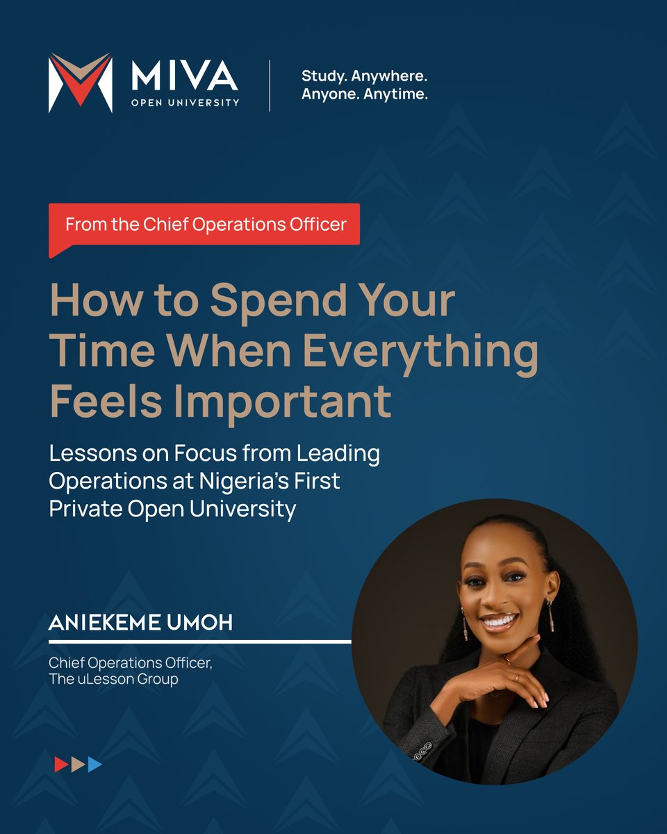 mivauniversity's tweet image. When everything feels urgent, how do you decide what matters most? 

Miva’s COO @aniekeme shares how she led major innovations like our SIS launch and AI initiatives by mastering prioritisation.

Read more: miva.university/how-to-spend-y…

#MivaOpenUniversity #TimeManagement