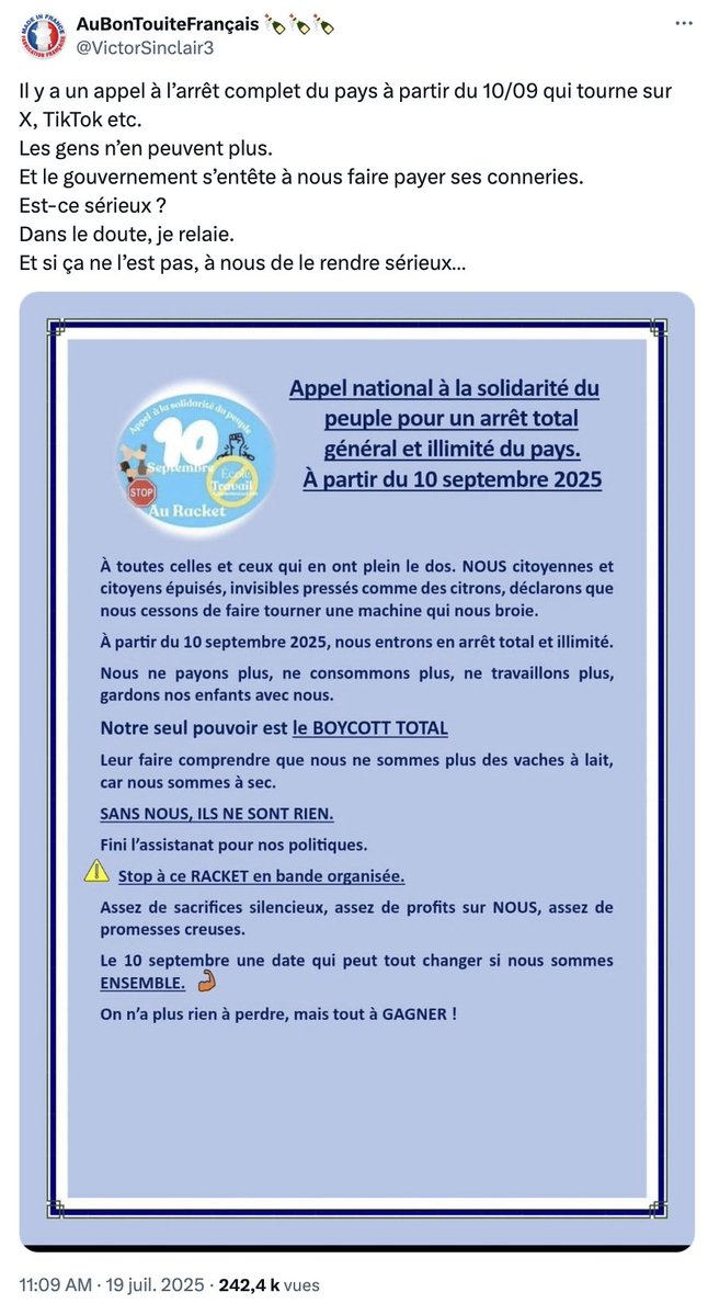 GrablyR's tweet image. Le mouvement Bloquons Tout: comme un air de déjà-vu.
Poussé par un agrégat d'ex Gilets Jaunes, mais surtout de comptes antivax, pro-russes, ou relais des théories fumeuses autour de Brigitte Macron.