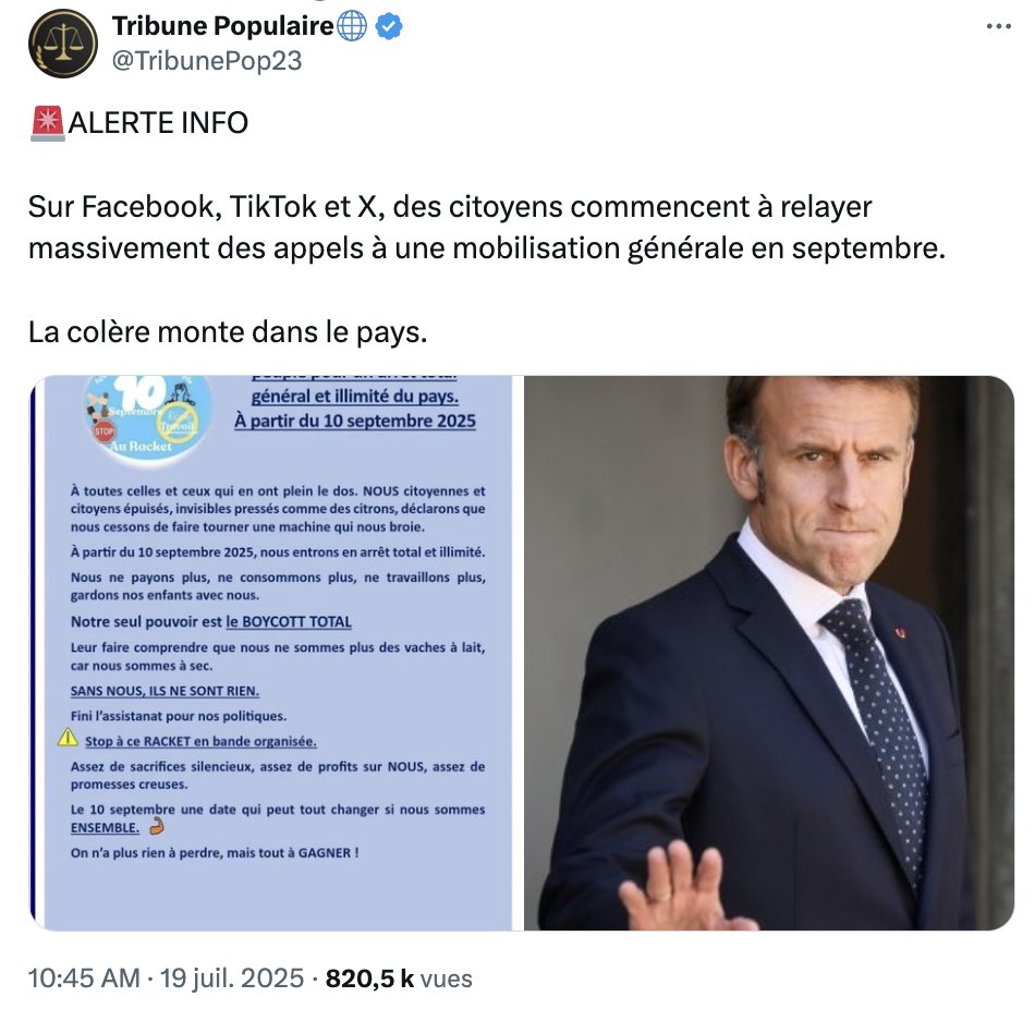 GrablyR's tweet image. Le mouvement Bloquons Tout: comme un air de déjà-vu.
Poussé par un agrégat d'ex Gilets Jaunes, mais surtout de comptes antivax, pro-russes, ou relais des théories fumeuses autour de Brigitte Macron.