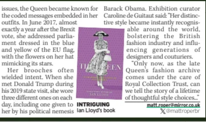 IanLloydRoyal's tweet image. Great to have helped @DailyMirror with its colourful piece on #QueenElizabethII and fashion. Many thanks to them for plugging my book &apos;The Queen 70 Chapters in the Life of Elizabeth II (@TheHistoryPress)