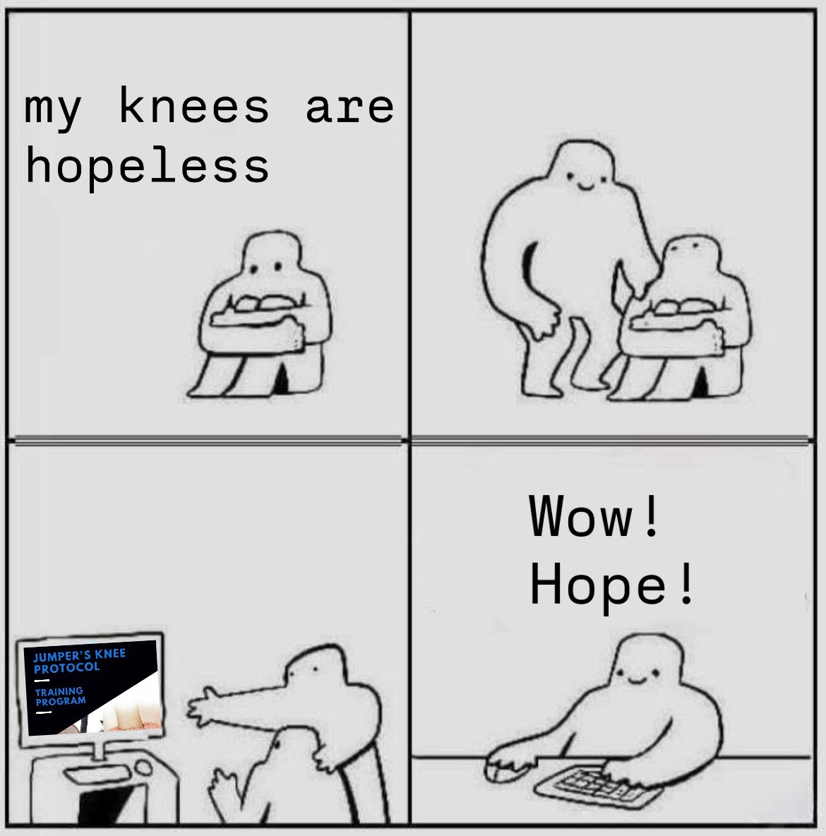 Patellar tendon pain comes with obvious functional deficits:

- muscle weakness
- brain inhibition
- tendon compliance
- compensatory biomechanics

Address these and pain tends to decrease.

Source: thousands of jumper’s knee success stories

jaketuura.gumroad.com/l/zfeos?_gl=1*…..