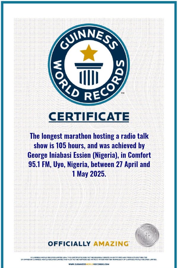 AkwaCrossSpace's tweet image. It's Official!
Akwa Ibom born superstar OAP, George Essien -@_MightyGeorge makes the #GuinessWorldRecord for the Longest marathon hosting a radio talk show for 105 hours.
We are proud of you eyeneka!
Congratulations!!
#AkwaIbomTwitter, let's show him some love