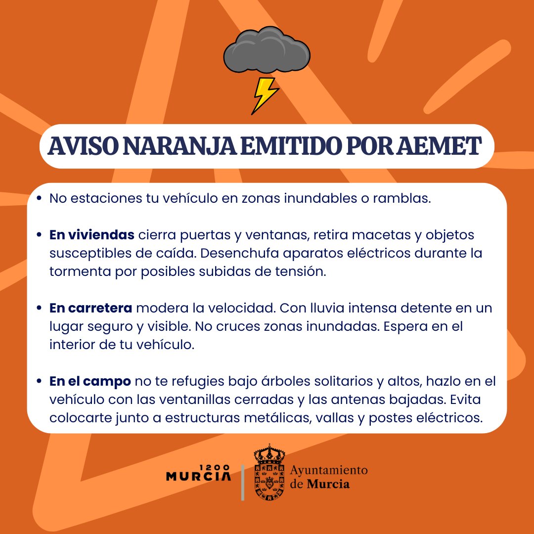 Santiago y Zaraíche (@yzaraiche) on Twitter photo 🔊 #AVISO
⛈️ La <a href="/AEMET_Murcia/">AEMET_Murcia</a> activa el aviso naranja por lluvias y tormentas para hoy entre las 12:00h y las 23:59h y para mañana hasta las 01:59h, continuando con aviso amarillo hasta las 05:59h
⚠️ Mucha #Precaución
👉🏻 Sigue la información por los canales oficiales. 🔊 #AVISO
⛈️ La <a href="/AEMET_Murcia/">AEMET_Murcia</a> activa el aviso naranja por lluvias y tormentas para hoy entre las 12:00h y las 23:59h y para mañana hasta las 01:59h, continuando con aviso amarillo hasta las 05:59h
⚠️ Mucha #Precaución
👉🏻 Sigue la información por los canales oficiales.