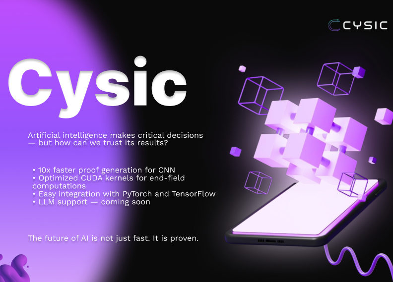 ginger_monkeyd's tweet image. Artificial intelligence makes critical decisions — but how can we trust its results?

Cysic creates Verifiable AI: cryptographic proofs (ZK proofs) for each inference, in real time, based on GPU.

• 10x faster proof generation for CNN
• Optimized CUDA kernels for end-field…
