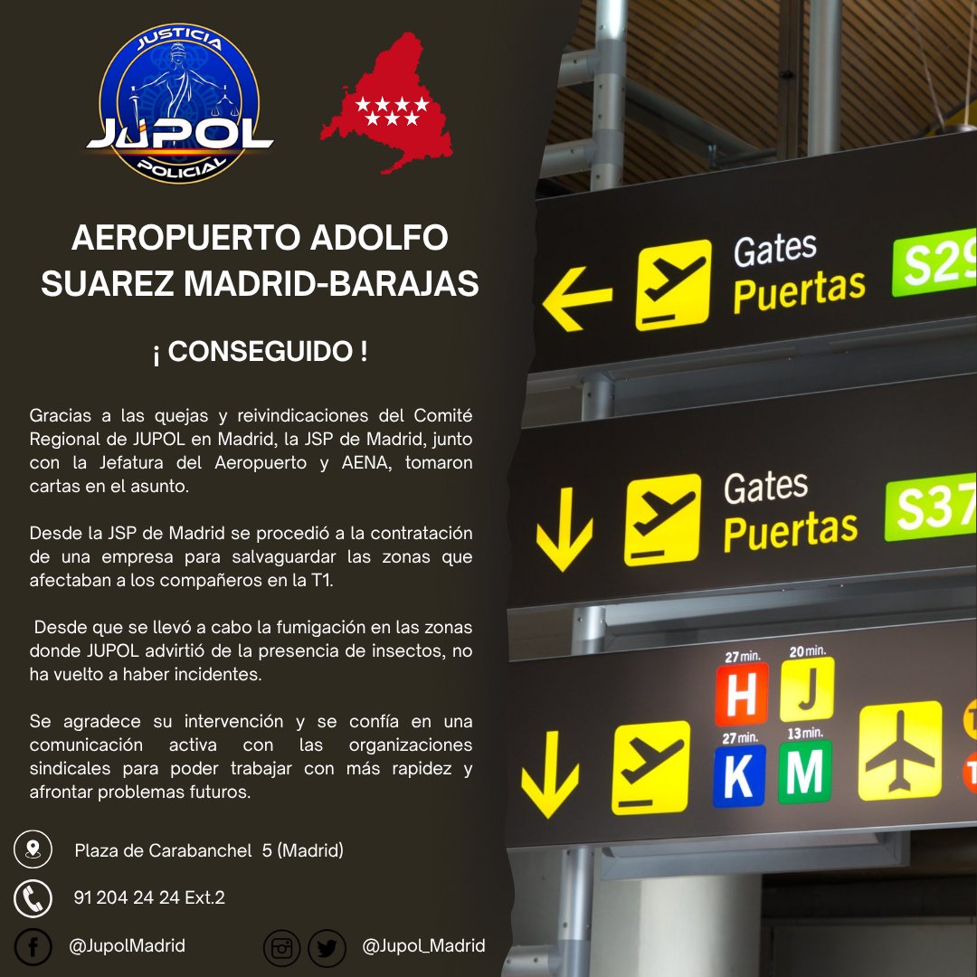 💪Gracias a las quejas y reivindicaciones de JUPOL MADRID, la JSP de Madrid junto a la J. del Aeropuerto y AENA tomaron cartas en el asunto.

🐜Desde que fumigaron las zonas señaladas, no ha habido incidentes.

🤝Se confía en comunicación activa con las organizaciones sindicales.