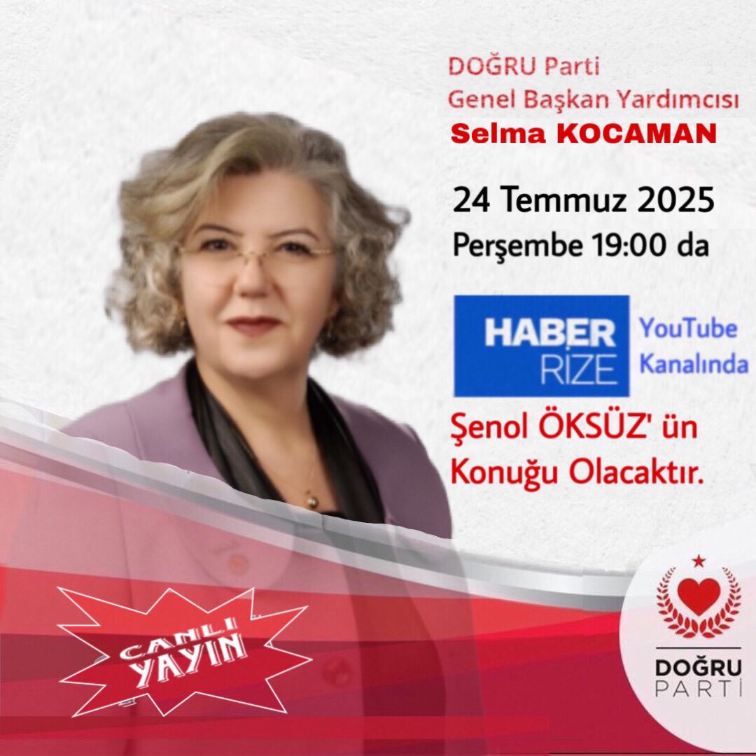 Doğru Parti (@dogrupartiresmi) on Twitter photo #DoğruParti
Teşkilattan Sorumlu Genel Başkan Yardımcımız
Sayın Selma Kocaman
📆 24 Temmuz 2025 Perşembe
🕖 19:00 da
📺 Haber Rize <a href="/HaberrizeT/">Haber Rize</a>
YouTube Kanalı
🎤 Sn Şenol Öksüz’ ün konuğu olacaktır.
#CANLI (İZLEMEK İÇİN)👇👇👇
youtube.com/@haberrize #DoğruParti
Teşkilattan Sorumlu Genel Başkan Yardımcımız
Sayın Selma Kocaman
📆 24 Temmuz 2025 Perşembe
🕖 19:00 da
📺 Haber Rize <a href="/HaberrizeT/">Haber Rize</a>
YouTube Kanalı
🎤 Sn Şenol Öksüz’ ün konuğu olacaktır.
#CANLI (İZLEMEK İÇİN)👇👇👇
youtube.com/@haberrize