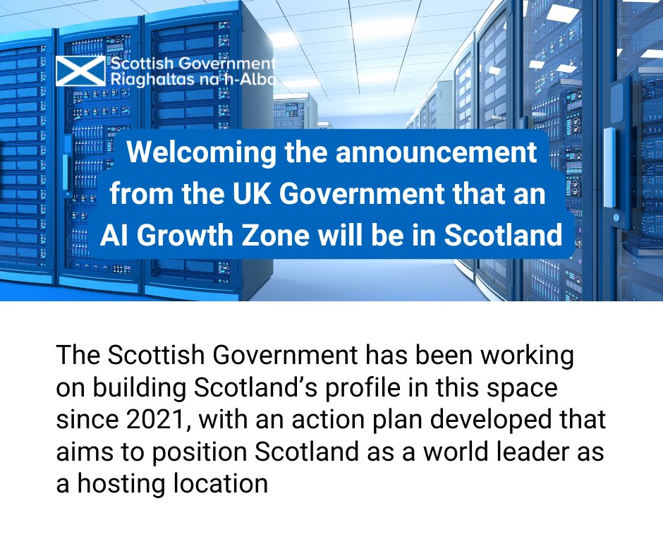 We welcome the announcement that an AI Growth Zone will be in Scotland.

This supports our aim to be a world leader in the development and use of trustworthy, ethical and inclusive AI.

Businesses, researchers, citizens and communities will benefit from the new opportunities.