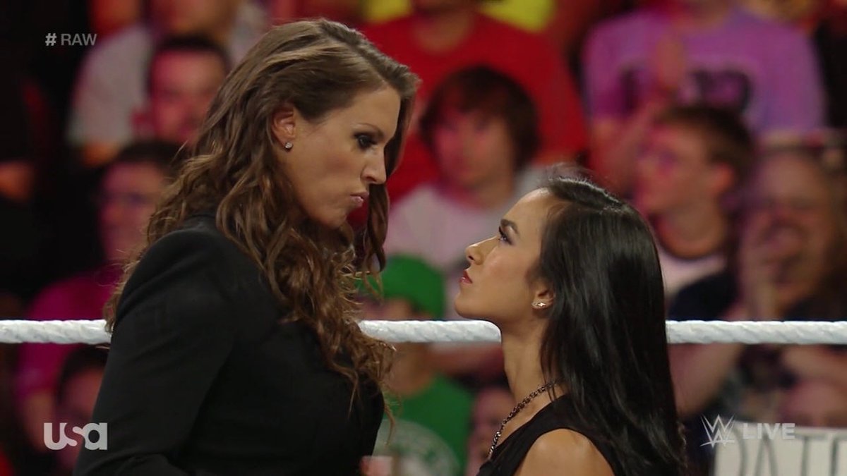 TravisJonesWWE's tweet photo. Lady @TheAJMendez - The #PhenomenalBlackWidow doesn't back down from anyone not even former @WWE #ChairWoman & Co-#CEO @StephMcMahon, #TeamAJ. #RT if u agree #WeLoveAJ #IconicAJ #AJFansForEver #RAW #WWERAW https://t.co/pOzBnQln2R