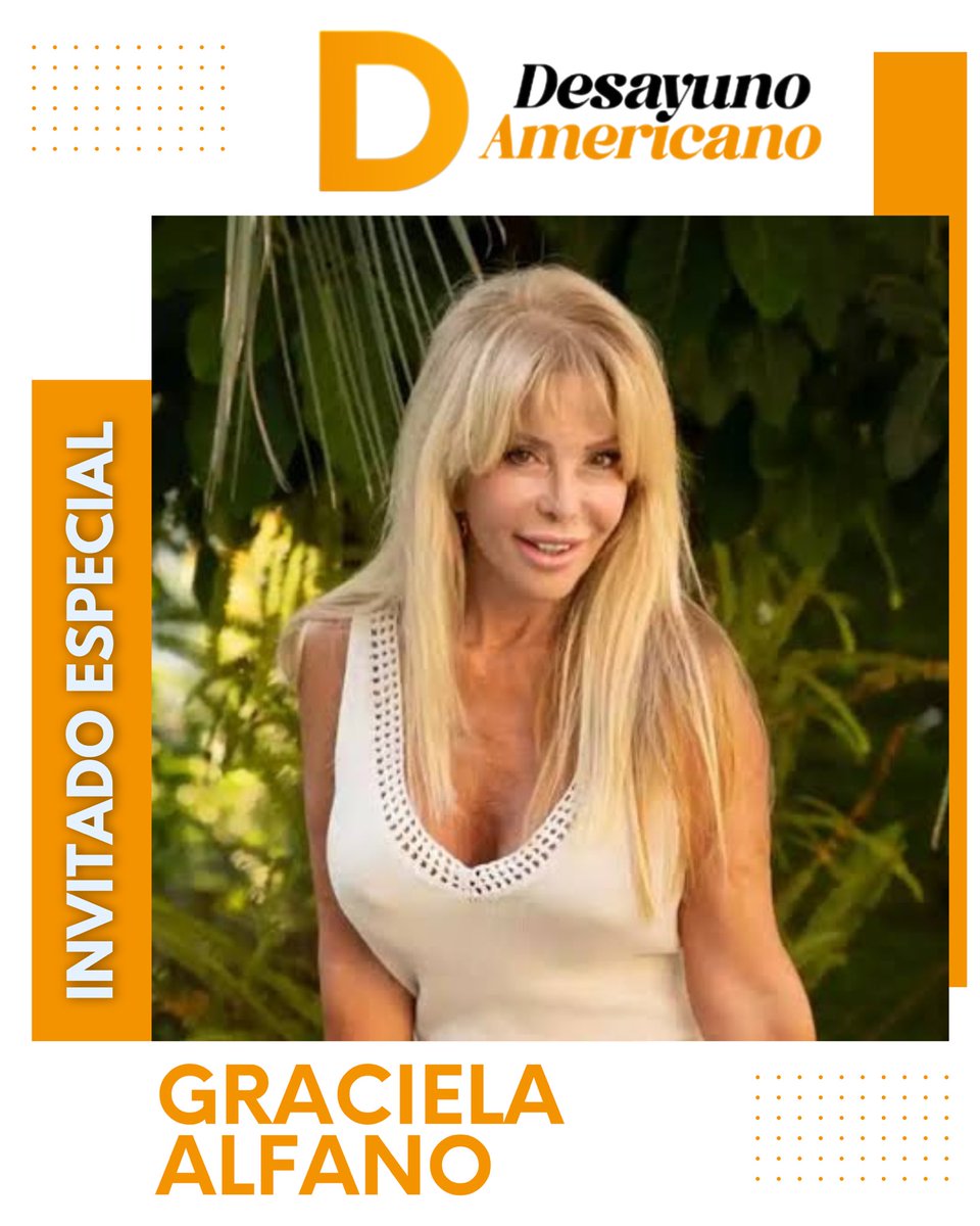 Desayunook (@desayunook) on Twitter photo Hoy desayuna junto a nosotros <a href="/iconoalfano/">Graciela Alfano</a> ☕️🥐
¿Te lo vas a perder?
Te esperamos de lunes a viernes de 8 a 10 hs en #desayunoamericano junto a <a href="/pamedavid/">Pamela David</a> <a href="/luisbremer/">Luis Bremer</a> <a href="/SalernoCarlos/">Carlos Salerno</a> <a href="/MarianaContar/">Mariana Contartessi</a> <a href="/julivarro/">Julieta Navarro | La Juli ☘️</a> por la pantalla de <a href="/AmericaTV/">América TV</a> Hoy desayuna junto a nosotros <a href="/iconoalfano/">Graciela Alfano</a> ☕️🥐
¿Te lo vas a perder?
Te esperamos de lunes a viernes de 8 a 10 hs en #desayunoamericano junto a <a href="/pamedavid/">Pamela David</a> <a href="/luisbremer/">Luis Bremer</a> <a href="/SalernoCarlos/">Carlos Salerno</a> <a href="/MarianaContar/">Mariana Contartessi</a> <a href="/julivarro/">Julieta Navarro | La Juli ☘️</a> por la pantalla de <a href="/AmericaTV/">América TV</a>