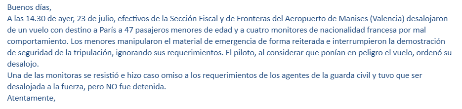 A propos de l'histoire d'un groupe d'ados de confession juive expulsés d'un avion Vueling et de leur monitrice mise brutalement au sol, la police espagnole, contactée par @bfmtv, évoque leur mauvais comportement pour expliquer l'expulsion, demandée par le commandant de bord :
