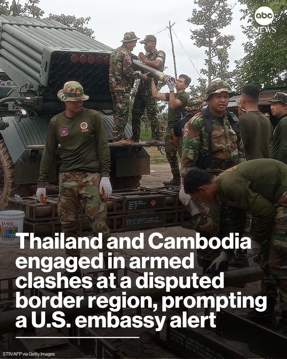 ABC News (@abc) on Twitter photo Thailand said it launched airstrikes on military targets in Cambodia after nine Thai civilians were killed by shelling from that country targeting civilian areas, including a hospital, according to officials in Bangkok.
Read more: abcnews.link/wWrwBat Thailand said it launched airstrikes on military targets in Cambodia after nine Thai civilians were killed by shelling from that country targeting civilian areas, including a hospital, according to officials in Bangkok.
Read more: abcnews.link/wWrwBat