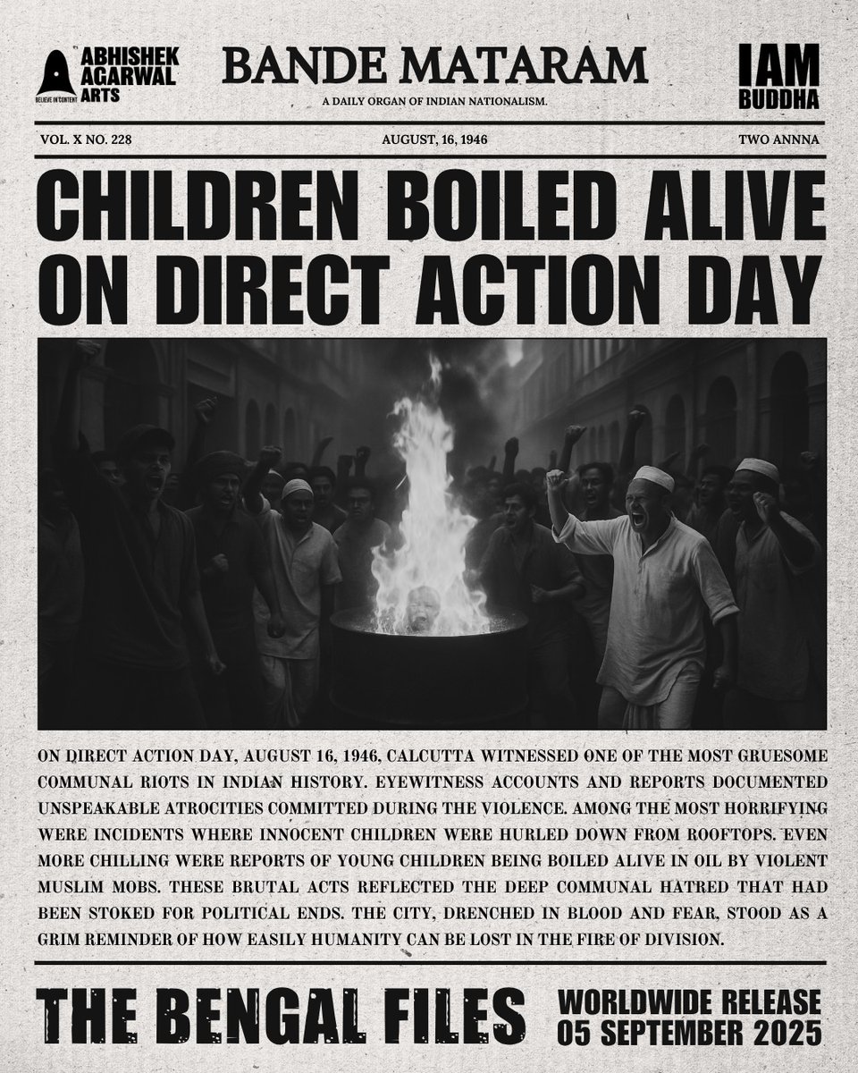 vivekagnihotri's tweet image. Did You Know?
On August 16, 1946, children were boiled alive on the streets of Calcutta. Yes — real children. Innocent. Screaming. Burnt in oil drums by mobs during Direct Action Day.
These weren’t riots. This was a planned genocide, fueled by Jinnah’s call for Pakistan,…
