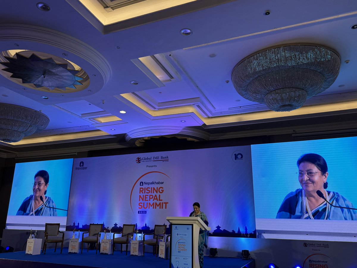 roshankhadka3's tweet image. Former President @BidyaDevi2018  is currently addressing the @Nepalkhabar Rising Nepal Summit at The Soaltee.