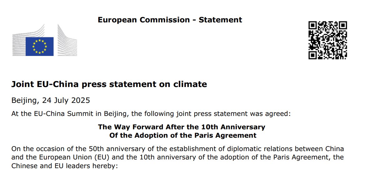 Quick take on EU-China (or China-EU) climate joint statement:
We'll do more of the same and we'll commit to make some commitments later. 

vs. last joint statement back in 2021 - in which China stated that they were going to 'strictly control coal consumption (which it didn't)