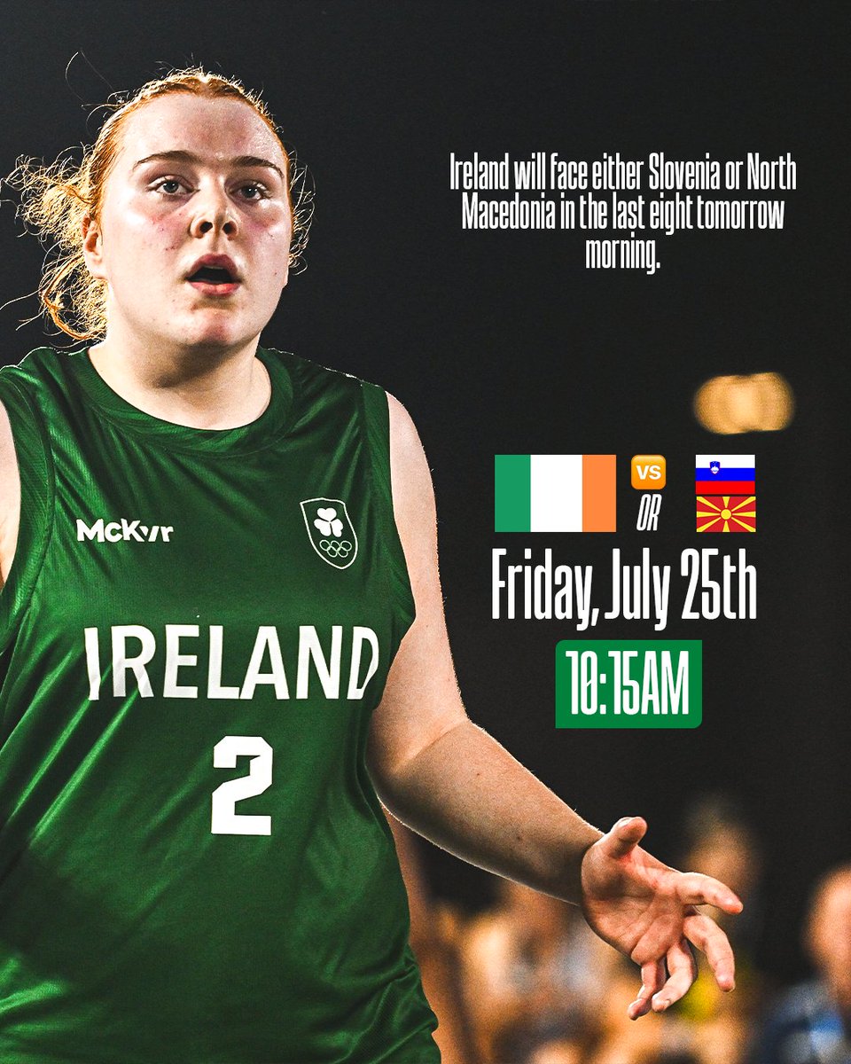 BballIrl's tweet image. Our U18 women's 3x3 team aim to maintain their perfect record at the European Youth Olympic Festival tomorrow ⏳
Either Slovenia or North Macedonia stand in the way of a final four spot!
#GreenMeansGo ☘️ | #IrishBasketball