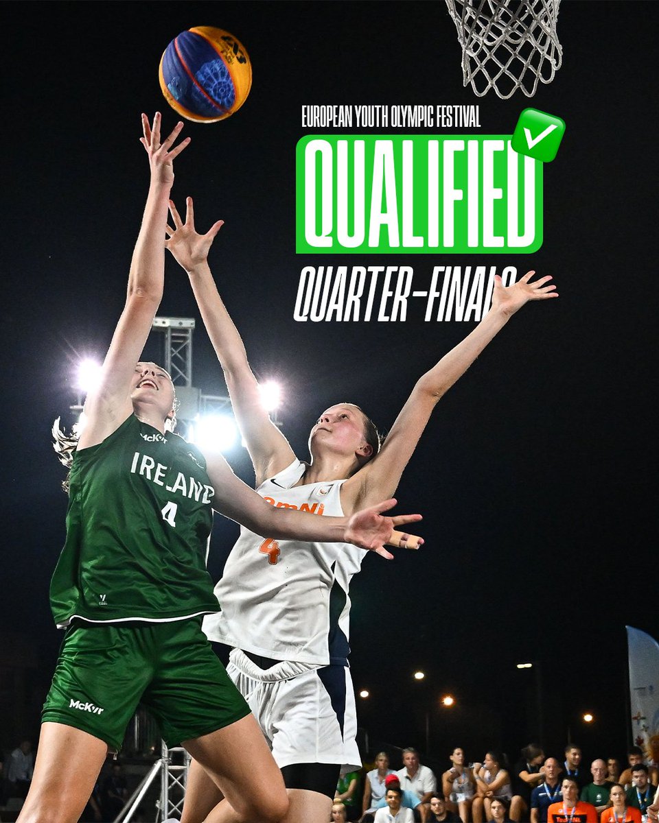 BballIrl's tweet image. Our U18 women's 3x3 team aim to maintain their perfect record at the European Youth Olympic Festival tomorrow ⏳
Either Slovenia or North Macedonia stand in the way of a final four spot!
#GreenMeansGo ☘️ | #IrishBasketball