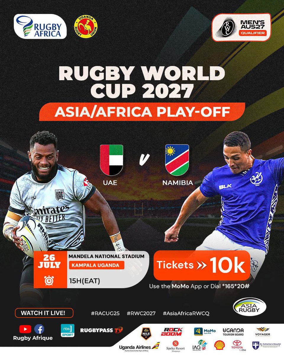 tumu_tungire's tweet image. More Rugby Action is ON this weekend.
The Rugby World Cup 2027 Asia/Africa Playoff will be hosted at Mandela National Stadium on the 26th July 2025.
💫Purchase tickets via @mtnmomoug at only 10k UGX
Dial *165*20# and follow prompts.
#RACUG25 #RWC2027 #AsiaAfricaRWCQ