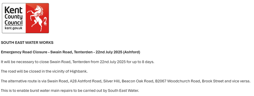 KCC Highways (@kenthighways) on Twitter photo Tenterden, Swain Road: Closed until 29th July to allow for repairs by <a href="/sewateruk/">South East Water</a> : moorl.uk/?33t27h Tenterden, Swain Road: Closed until 29th July to allow for repairs by <a href="/sewateruk/">South East Water</a> : moorl.uk/?33t27h