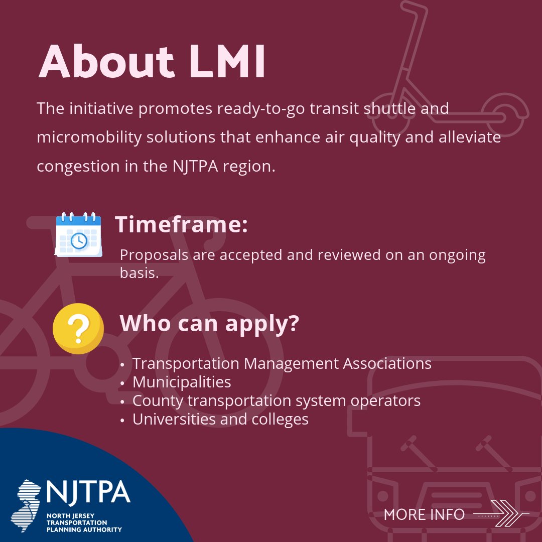 NJTPA's tweet image. The Local Mobility Initiatives is designed to advance transit AND #micromobility strategies that improve air quality, encourage and increase #transit use, #walking, and #biking, support active #transportation, and improve personal mobility. Learn more: l8r.it/vxJP
