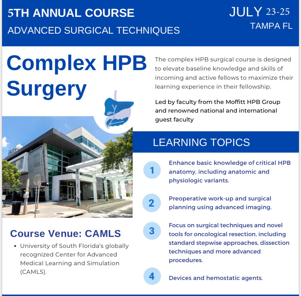 The 5th annual <a href="/MHepatobiliary/">Moffitt Hepatobiliary</a> Complex Surgery Course <a href="/MoffittNews/">Moffitt Cancer Center</a> is underway! A big welcome to the CGSO fellows and guest faculty Dr. Katz, Dr. Warner, and Dr. Vera. 

#HPB #SurgOnc #academicsurgery