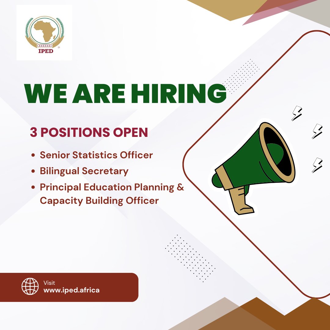 AUIPED's tweet image. We&apos;re hiring!
AU-IPED is recruiting for:
📊 Senior Statistics Officer
📎 Bilingual Secretary FR/EN
📘 Principal Ed. Planning Officer
📩 Apply by 31 July 2025
🔗 iped.africa/career-opportu…
✉️ Hunbelewg@africanunion.org CC: adoumtarN@africanunion.org
#AUIPED #AfricaJobs #AfricanUnion