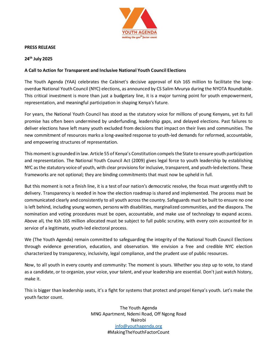 The Youth Agenda (@youthagenda254) on Twitter photo <a href="/youthagenda254/">The Youth Agenda</a> celebrates the Cabinet's approval of Ksh 165M for long-overdue <a href="/NYC_YouthVoice/">National Youth Council Kenya</a> elections.This milestone is a bold step toward inclusive,transparent &youth-led representation.Its a win for systems that empower Kenya’s young leaders.
Let’s #MakeTheYouthFactorCount <a href="/youthagenda254/">The Youth Agenda</a> celebrates the Cabinet's approval of Ksh 165M for long-overdue <a href="/NYC_YouthVoice/">National Youth Council Kenya</a> elections.This milestone is a bold step toward inclusive,transparent &youth-led representation.Its a win for systems that empower Kenya’s young leaders.
Let’s #MakeTheYouthFactorCount