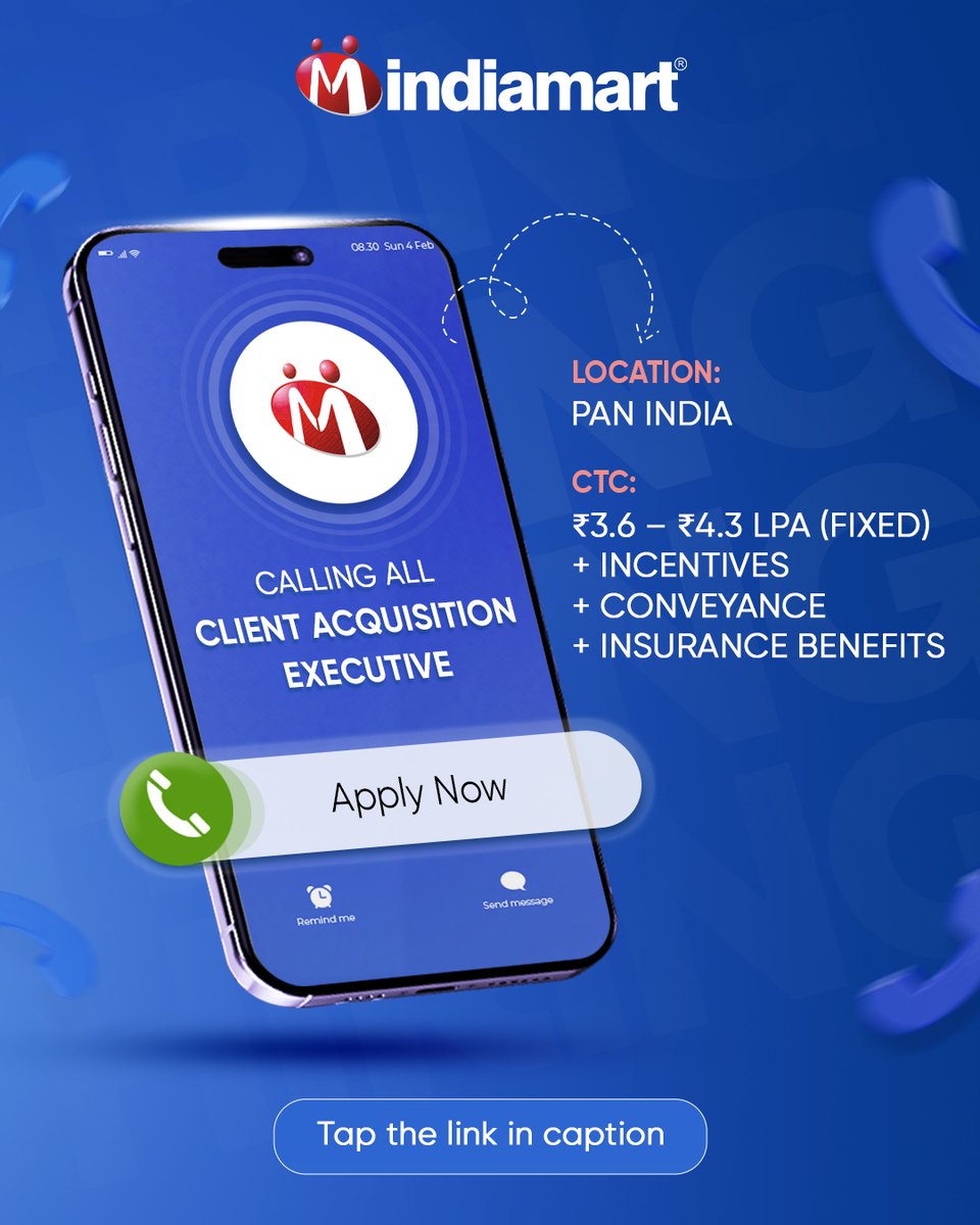 If you’ve been waiting for a sign, this is your call.
Literally.

IndiaMART is looking for Executive &amp; Sr. Executive– Client Acquisition pros to power our New Sales Division.

Who Can Apply?
-Graduate or MBA
-Minimum 9 months of sales experience
-Strong communication &amp; persuasion