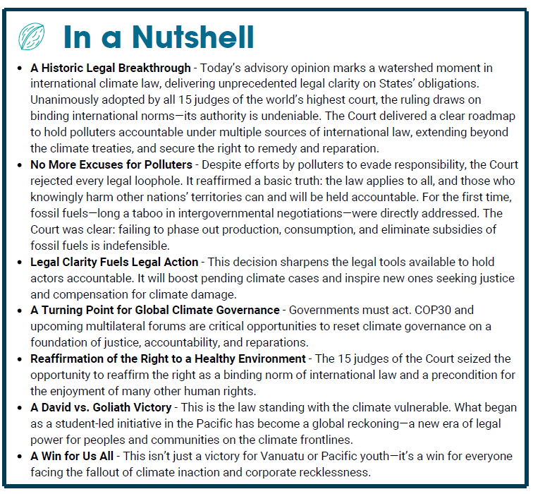 📣Breaking: 

Landmark climate ruling by the International Court of Justice <a href="/CIJ_ICJ/">CIJ_ICJ</a> - hailed in legal circles as an unprecedented, historic victory for binding international climate action.  
Dig in deep here: ciel.org/news/icj-clima…

#ClimateJustice
<a href="/RetireBigOil/">RetireBigOil</a>
In a nutshell: