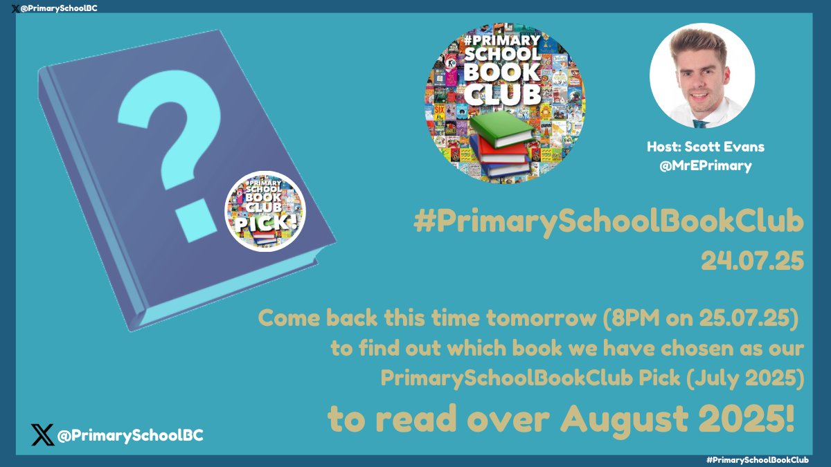 PrimarySchoolBC's tweet image. 🔙Make sure to come back this time TOMORROW (25/07/25 8PM) 🕗 to find out the winning book we've voted as our next #PrimarySchoolBookClub📚 Pick!
👀Then see you at the end of August 2025 to discuss it!
📖Looking forward to finding out what we choose!