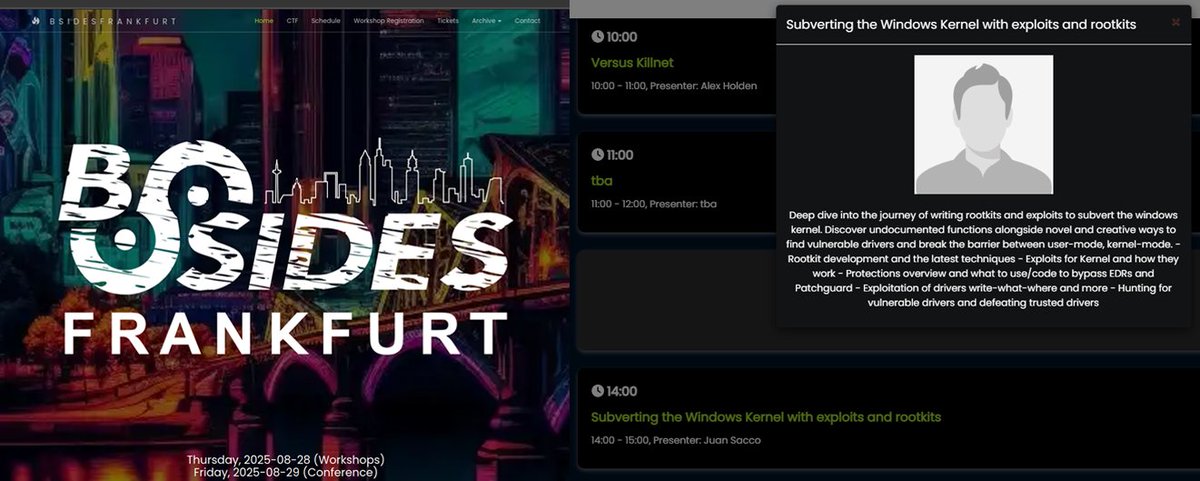 Exploit_Pack's tweet image. &quot;Subverting the Windows Kernel with exploits and rootkits&quot;
@juansacco from exploitpack.com will be present at BSides Frankfurt with a talk that will trace the path from userland to kernel through rootkits and exploits. bsidesfrankfurt.org

#Cybersecurity #infosec