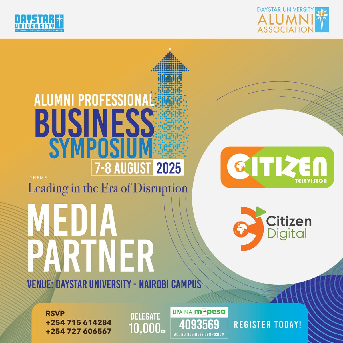 Daystar University Alumni Association (@daystaralumnidu) on Twitter photo Weāre excited to welcome <a href="/citizentvkenya/">Citizen TV Kenya</a>, to the Daystar Alumni Professional Business Symposium as our Official Media Partner, bringing valuable insights to this yearās theme: āLeading in the Era of Disruption.ā
Secure your ticket today on:
apbs.co.ke Weāre excited to welcome <a href="/citizentvkenya/">Citizen TV Kenya</a>, to the Daystar Alumni Professional Business Symposium as our Official Media Partner, bringing valuable insights to this yearās theme: āLeading in the Era of Disruption.ā
Secure your ticket today on:
apbs.co.ke