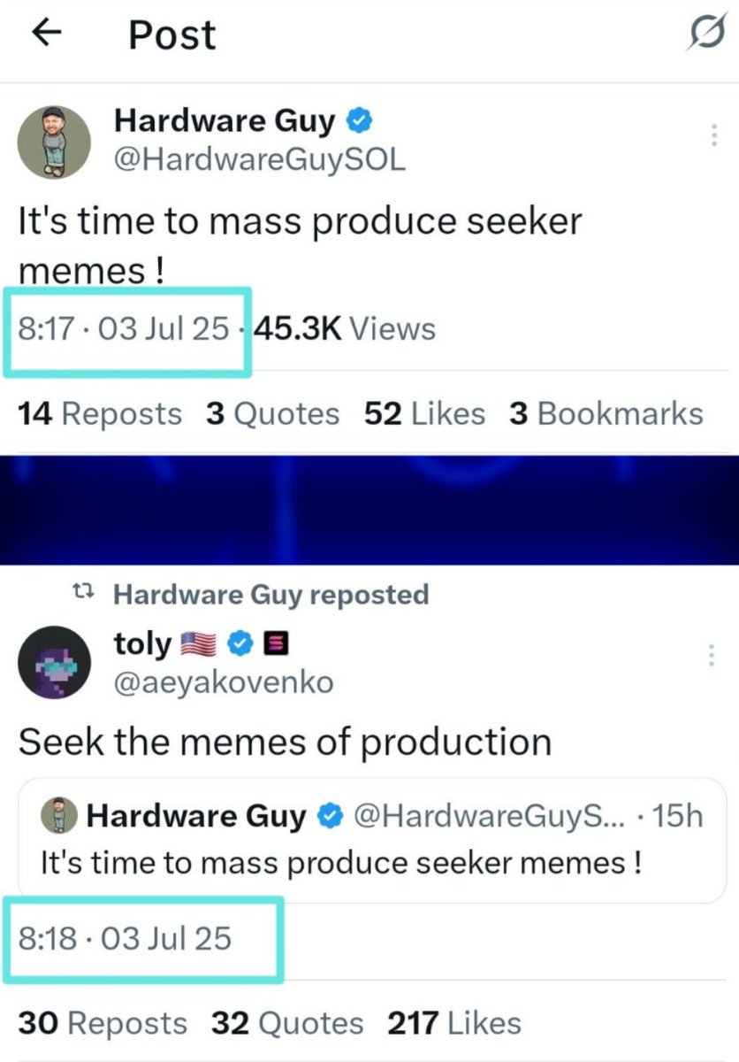 Sunmemes's tweet photo. @Masoud1173 @toly Just a few seconds later, Toly replied to the tweet without even being tagged. This is suspicious for such a major scam.

#Solana #Hardwareguy
$HWGUY #Seeker https://t.co/xVnLIYoaMl