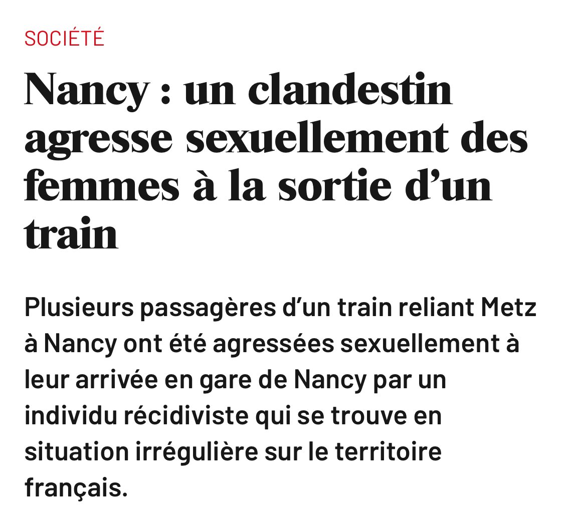 ljacobelli's tweet image. 🛑 Agressions sexuelles en gare de Nancy par un multirécidiviste en situation irrégulière.
📢 Combien de victimes faudra-t-il avant d’appliquer les OQTF et d’expulser les délinquants étrangers ?
Il est urgent de protéger les Françaises. Où est Bruno Retailleau ?