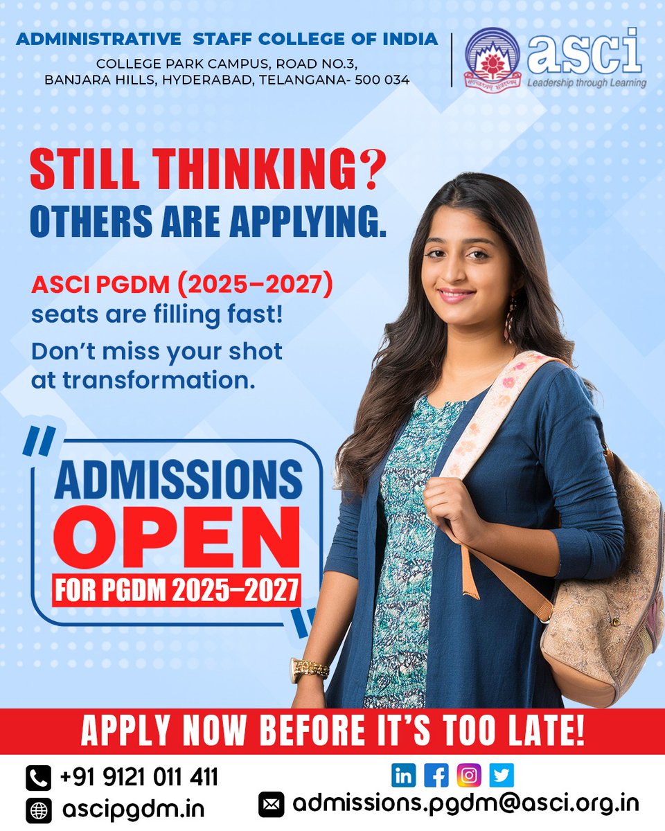 ascipgdm's tweet image. 💼 Don’t just dream of success… apply now and make it real.

📌 Limited seats | Industry-relevant curriculum | Expert faculty | Top placements
🔗 Visit: ascipgdm.in
📞 Contact: +91 9121 011 411
📧 Email: admissions.pgdpm@asci.org.in
#ASCIPGDM #PGDM2025