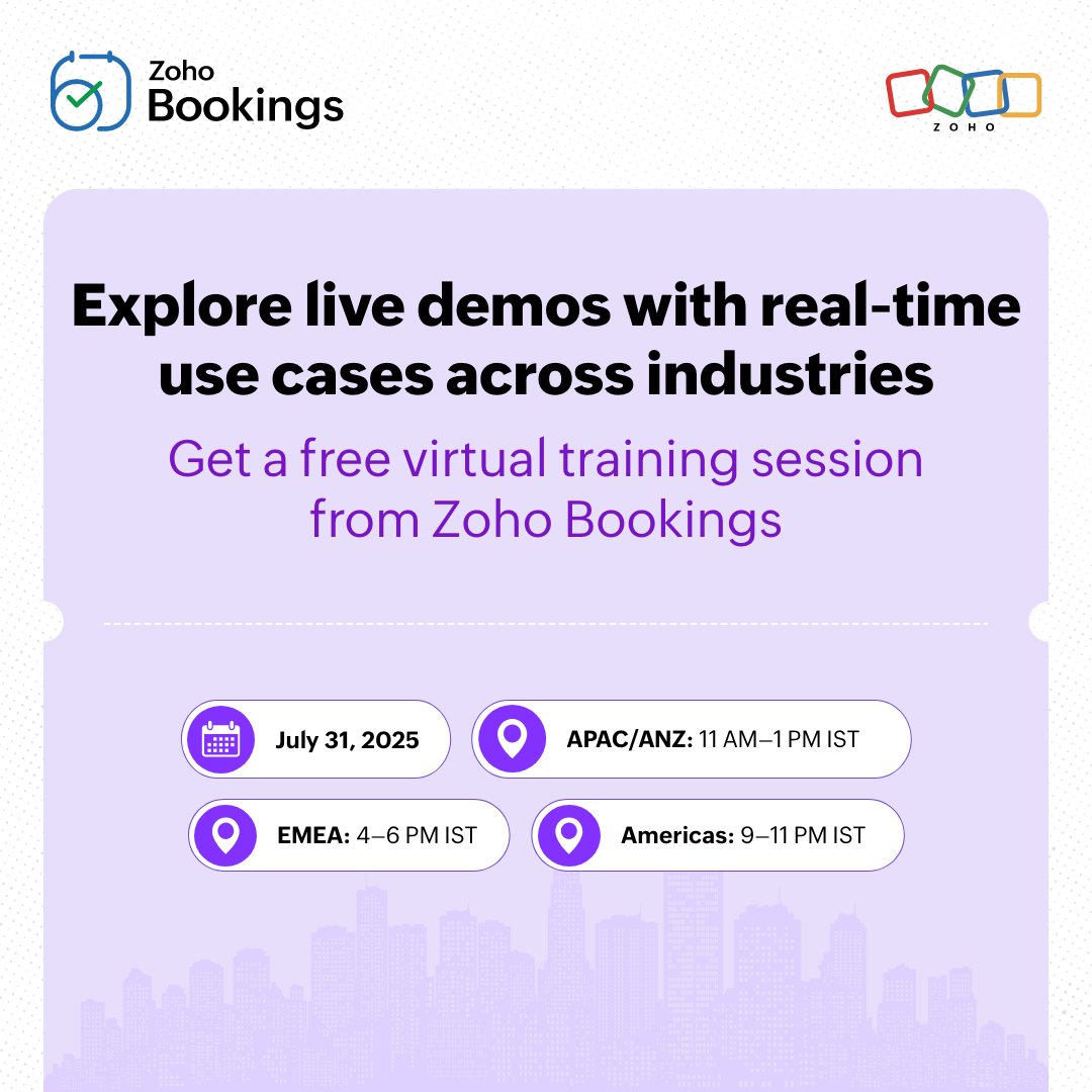 Join the free live training session from Zoho Bookings!

When: July 31, 2025

Book your slot now:

APAC/ANZ: 11 AM–1 PM IST: zurl.co/Lc53H

EMEA: 4–6 PM IST: zurl.co/mDXXY

Americas: 9–11 PM IST: zurl.co/P9Bgi