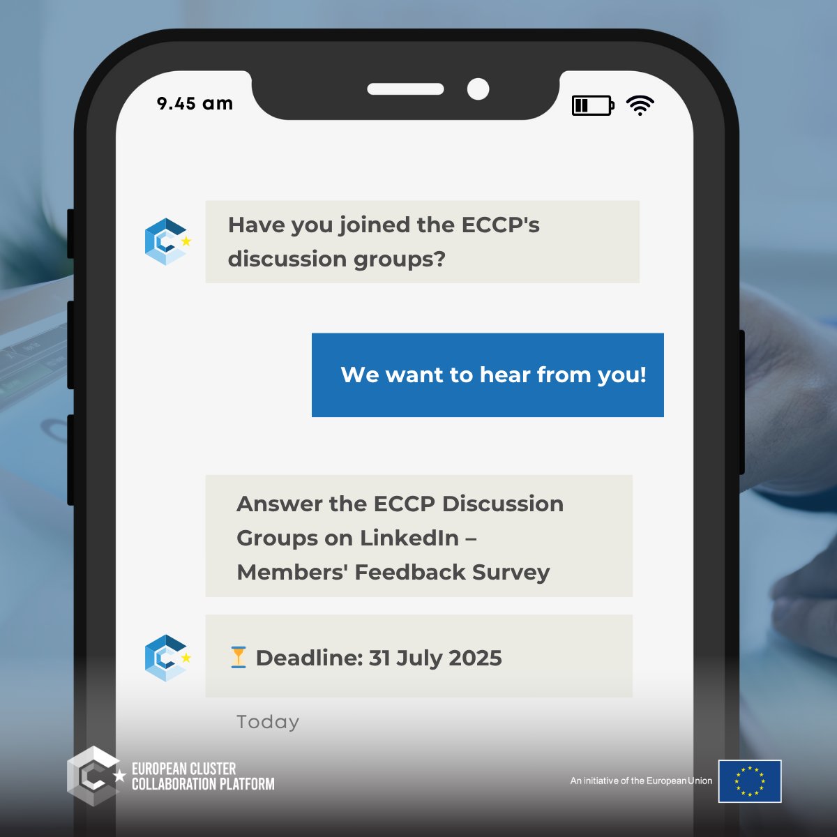 Clusters_EU's tweet image. 🗣️Tell us what you think about the #ECCP Discussion Groups! Whether you're posting or observing, your feedback matters!
💬What’s useful? What’s missing?
📅Deadline: 31 July
Your feedback helps us shape a space that’s valuable to you.
🕒Takes 3 mins → tally.so/r/mO98DR