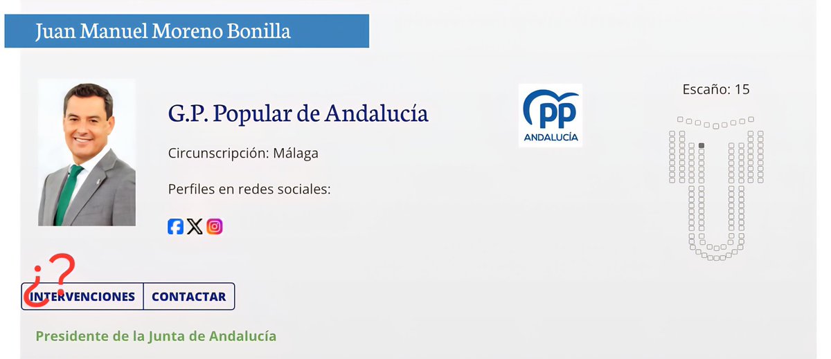 kritikafull's tweet image. La Web del parlamento de Andalucía ha tenido una confusión, ha desparecido la pestaña de CV solo en el perfil de Juanma Moreno.