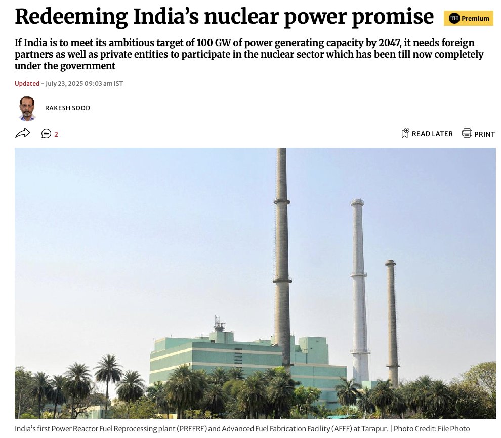 CSDR_India's tweet image. In his latest for @the_hindu, @rakeshnms argues, "If India is to meet its ambitious target of 100 GW of power generating capacity by 2047, it needs foreign partners as well as private entities to participate in the nuclear sector, which has been till now completely under the…