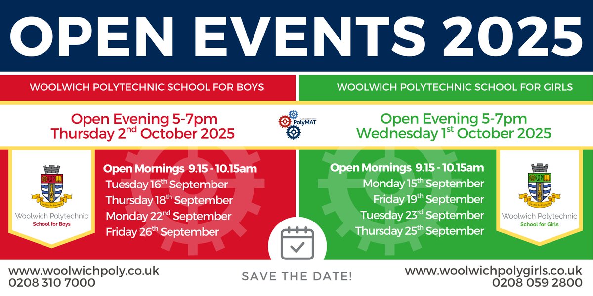 PolyMAT Schools (@polymatschools) on Twitter photo Save the Date! Visit Our Schools in September & October 2025. Don’t miss out - secure these dates in your diary and plan your visit! We can’t wait to welcome you. <a href="/WPolyBoys/">Woolwich Polytechnic School for Boys</a> <a href="/WPolyGirls/">Woolwich Polytechnic School for Girls</a> Save the Date! Visit Our Schools in September & October 2025. Don’t miss out - secure these dates in your diary and plan your visit! We can’t wait to welcome you. <a href="/WPolyBoys/">Woolwich Polytechnic School for Boys</a> <a href="/WPolyGirls/">Woolwich Polytechnic School for Girls</a>