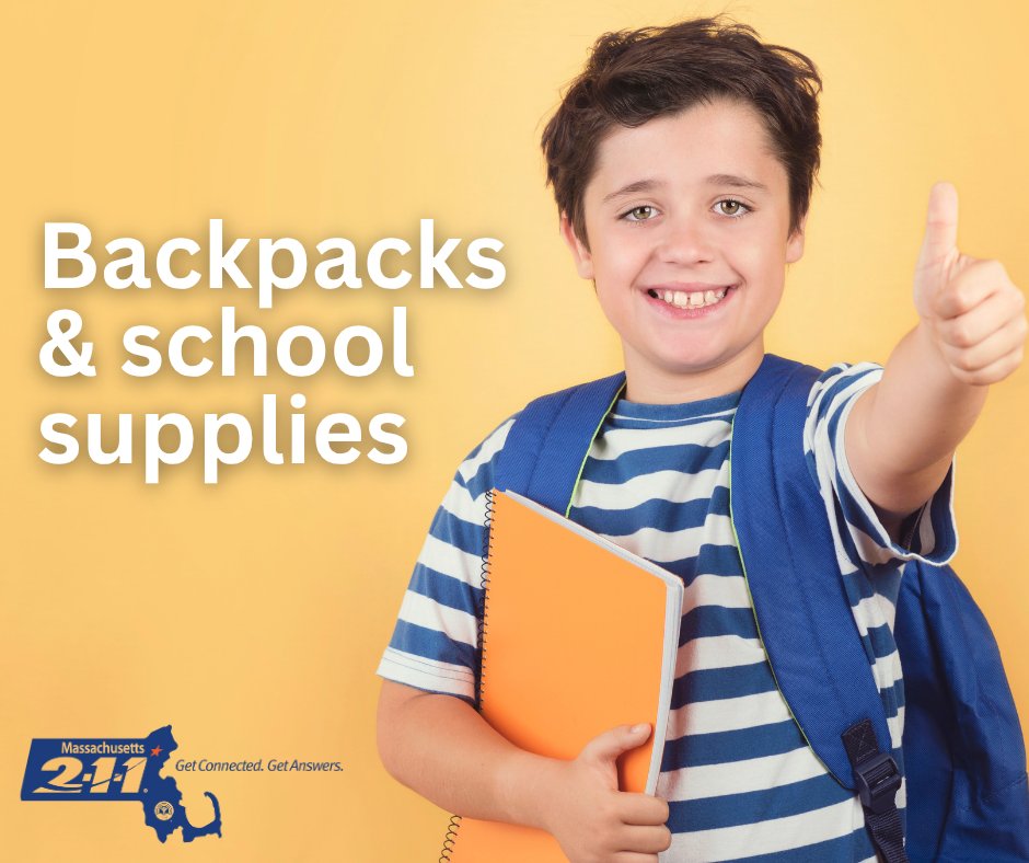 Mass_211's tweet image. Mass211 can help with Back-to-School shopping.
Dial 211 from any phone in Massachusetts, or visit mass211.org to find programs in your area that provide backpacks and school supplies at no cost for lower-income families.