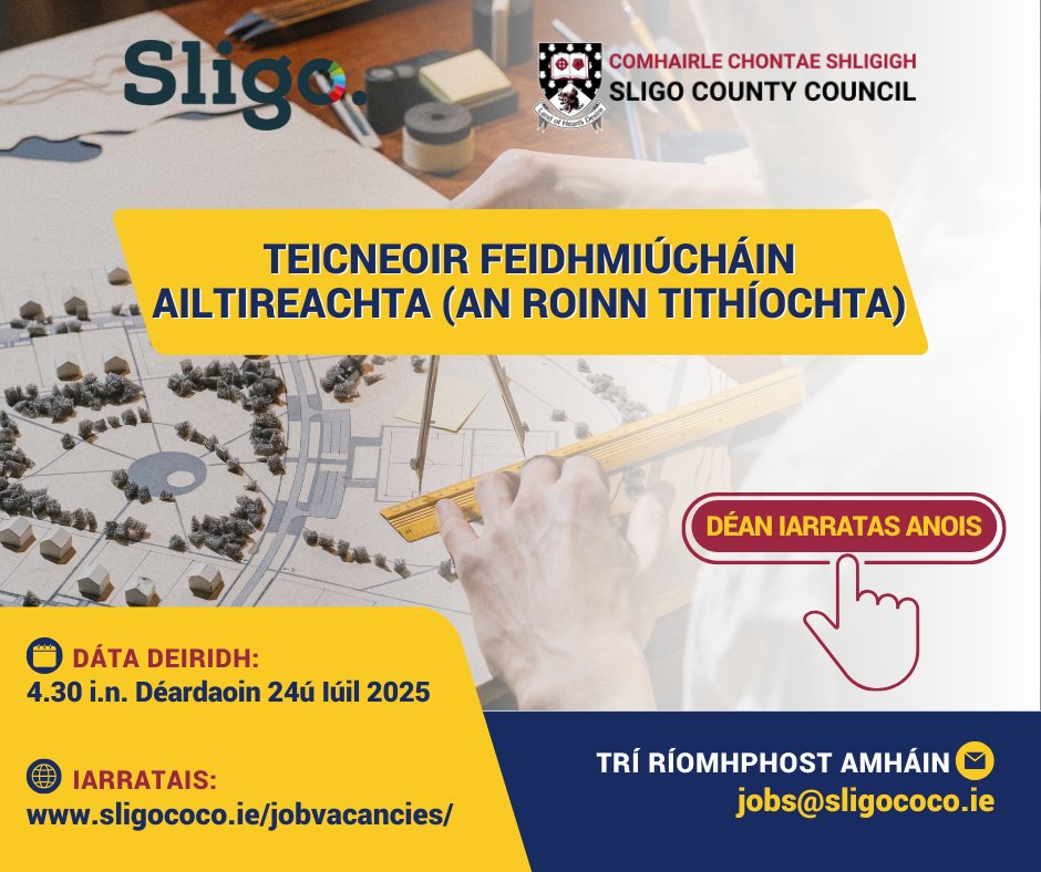 sligococo's tweet image. CIarratais do na poist seo a leanas ar fáil ag 🌐sligococo.ie/jobvacancies/
➡️𝐓𝐞𝐢𝐜𝐧𝐞𝐨𝐢𝐫 𝐅𝐞𝐢𝐝𝐡𝐦𝐢𝐮́𝐜𝐡𝐚́𝐢𝐧 𝐀𝐢𝐥𝐭𝐢𝐫𝐞𝐚𝐜𝐡𝐭𝐚 (𝐀𝐧 𝐑𝐨𝐢𝐧𝐧 𝐓𝐢𝐭𝐡𝐢́𝐨𝐜𝐡𝐭𝐚)
📅Dáta Deiridh trí rphost chuig jobs@sligococo.ie ná 4.30 i.n. Déardaoin an 24ú Iúil.